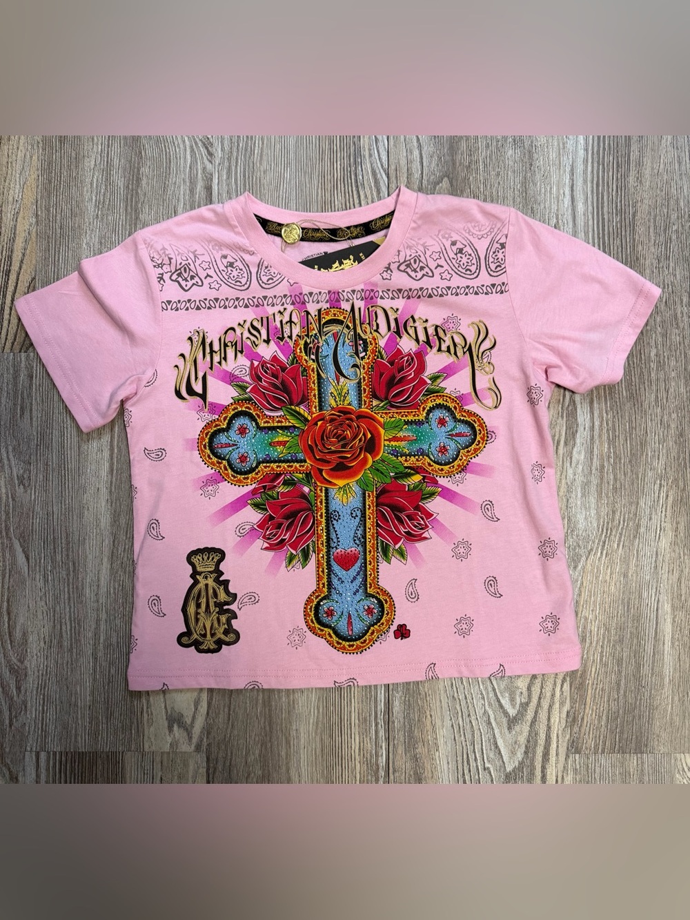 Christian Audigier Women’s Pink Tee with Colorful Jeweled Cross & Rose Graphic